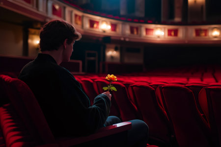 Romantic man waiting alone in an empty cinema, holding a vibrant yellow rose, lost in thoughts of love and anticipation for his dateの素材