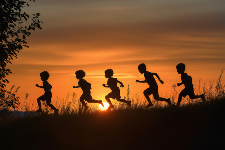 Five silhouettes of children joyfully running through a grassy field at sunset, surrounded by a warm orange sky and golden lightの素材