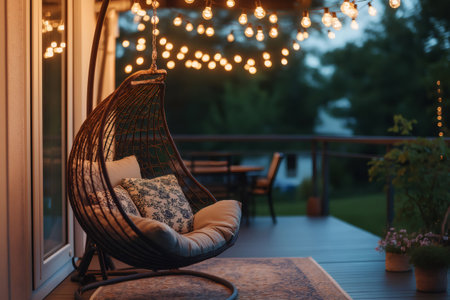 Comfortable hanging chair on a cozy summer evening veranda illuminated by string lights, creating a relaxing atmosphereの素材