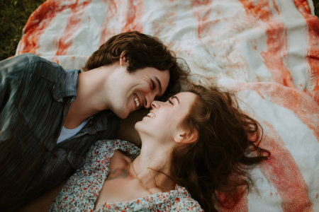 Young couple lying on picnic blanket whispering and giggling, enjoying a romantic date outdoorsの素材