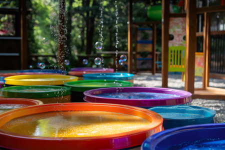 Soap bubbles falling on colorful water tables in a sensory play area for children's entertainment and developmentの素材