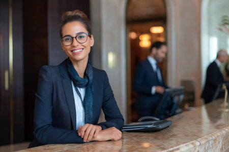 Portrait of a smiling female receptionist welcoming guests at the reception desk of a luxury hotelの素材