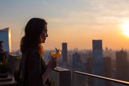 Businesswoman drinking cocktail and contemplating city skyline at sunset from rooftop barの素材