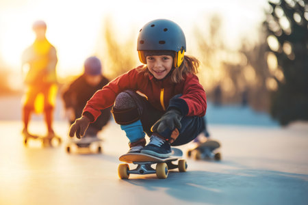 Group of children skateboarding in a skate park, wearing helmets and knee pads, enjoying the vibrant sunset and sharing joyful moments togetherの素材
