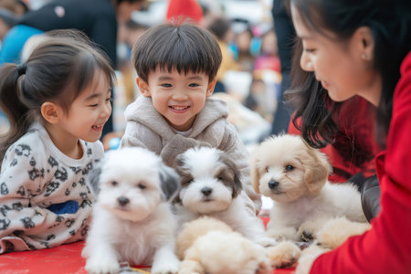 Two Asian children and their mother are enjoying playing with adorable fluffy puppies at a dog themed eventの素材