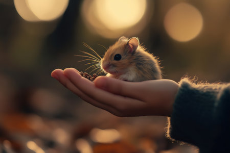 Small pet hamster eating seeds on child's hand in a forest, illuminated by golden hour sunlightの素材