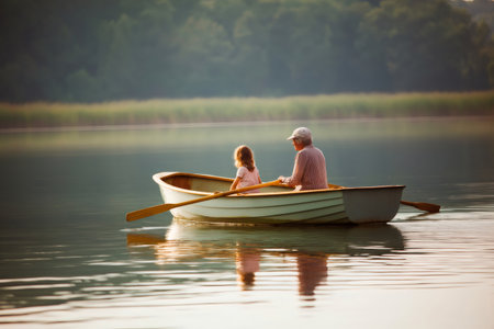 Grandmother and her granddaughter are enjoying a peaceful moment rowing a small boat on a calm lake surrounded by natureの素材