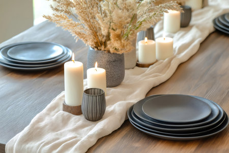 Burning candles and dry flowers creating a cozy atmosphere on a table set for a family dinnerの素材