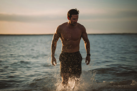 Fit man walking out of the sea at sunset, water cascading down his muscular body, embodying health and vitality against a vibrant skyの素材