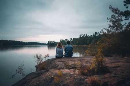 Young couple relaxing by the tranquil lake, savoring a serene moment together amidst the beauty of nature and its calming landscapeの素材