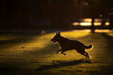 Silhouette of a playful German Shepherd joyfully running across grassy parkland, catching a ball as the sun sets in the backgroundの素材