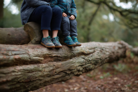 Mother and child wearing hiking shoes sitting on a large fallen tree trunk, enjoying a relaxing day in the woodsの素材