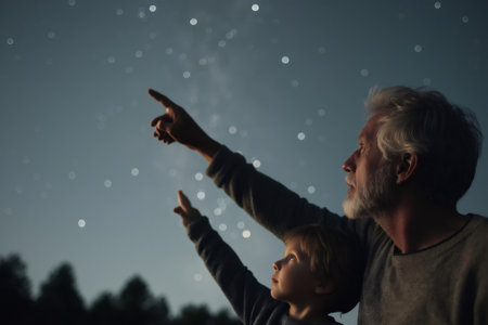 Grandfather and grandson are pointing at the stars of the milky way in a clear night sky, sharing a special momentの素材