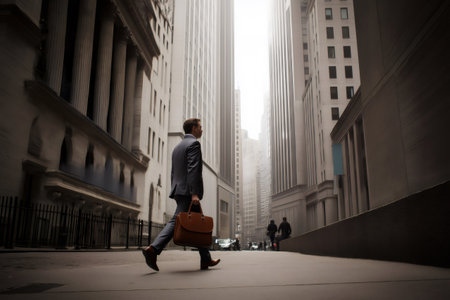 Businessman walking on the city financial district carrying briefcase in a sunny dayの素材