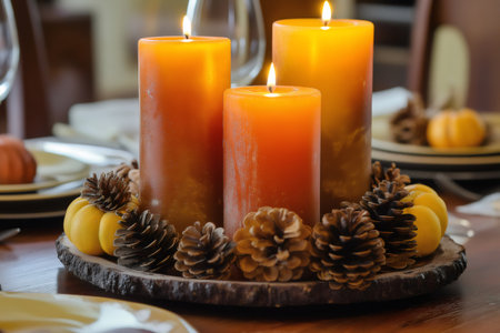 Three lit candles surrounded by pine cones and small decorative gourds create a warm and inviting centerpiece on a Thanksgiving dinner tableの素材