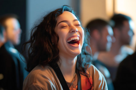 Curly haired young woman laughing joyfully while wearing a lanyard, fully immersed in the excitement of a live show performanceの素材