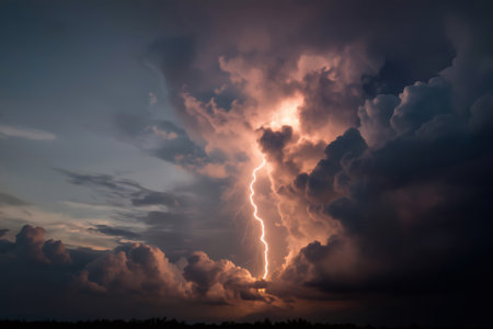 Lightning bolts illuminating dark cumulonimbus clouds during a stunningly dramatic sunset, creating an electrifying atmosphere of nature's powerの素材