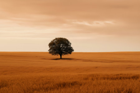 Scenic view of a solitary tree in a golden field, creating a peaceful and minimalist landscape under a soft, cloudy skyの素材