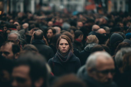 Young woman feeling lost and overwhelmed in a dense crowd, grappling with anxiety and a sense of isolation amidst the bustling urban sceneの素材