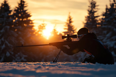 Professional biathlete concentrating on target, aiming with rifle during a winter competition at sunsetの素材