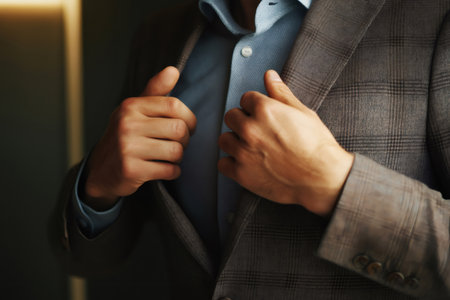 Close up of a businessman buttoning his jacket, exuding confidence and elegance while preparing for an important meeting in a corporate settingの素材