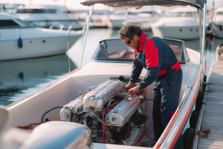 Mechanic working diligently on a powerful speedboat engine at the harbor, conducting essential maintenance and thorough inspectionsの素材