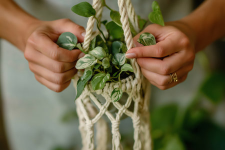 Close up of a woman gently holding a handmade macrame plant hanger containing a small green plant, showcasing a sustainable and decorative home decor elementの素材