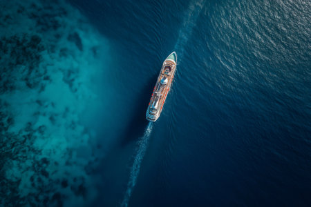Large cruise ship gliding across deep blue waters near a vibrant coral reef, captured from an aerial drone perspectiveの素材