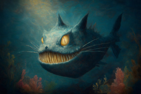 Digital artwork of a catfish lurking in the deep sea, showing its teeth and surrounded by small fishes, with a textured canvas effectの素材