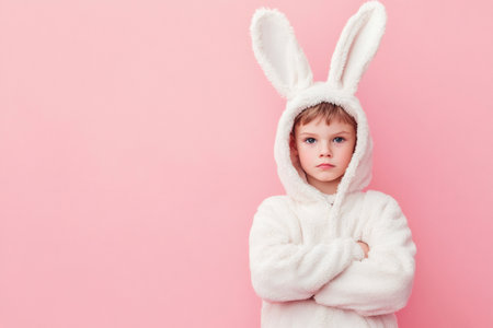 Serious child crossing arms while dressed in a fluffy white bunny costume, set against a soft pink background in a studio portraitの素材