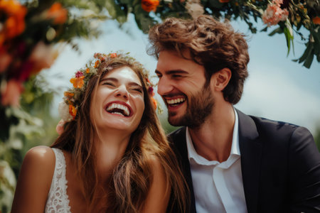 Happy couple laughing during wedding ceremony under floral arch, celebrating their love and commitmentの素材