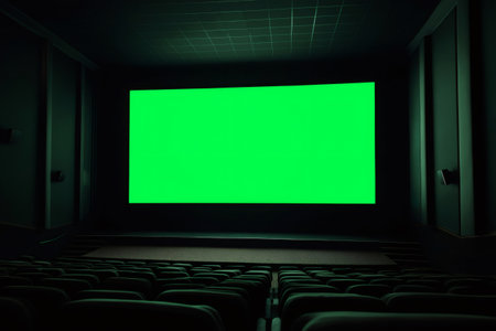 Green chroma key screen showing in a dark movie theater with rows of empty seats, perfect for compositingの素材