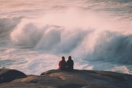 Two people sitting on a rock enjoying the breathtaking view of huge waves crashing on the shore during a beautiful sunsetの素材