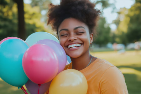 Happy young woman holding colorful balloons and laughing in a park, enjoying a cheerful and carefree moment outdoorsの素材