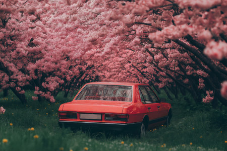 Red vintage car parked in a picturesque alley formed by blooming cherry trees in an orchard during springtimeの素材