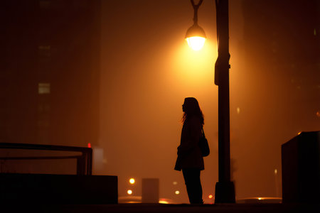 Silhouette of woman standing alone under street light in foggy night, creating mysterious and evocative atmosphereの素材