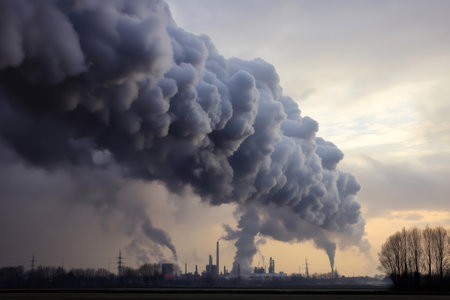 Industrial plant emitting dark smoke from chimneys, polluting the air and contributing to global warmingの素材