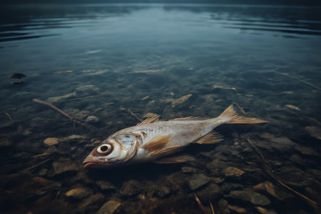Dead fish floating near the shore of a polluted lake, highlighting environmental damage and water pollutionの素材