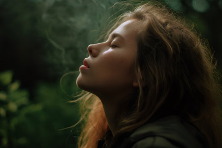 Slow motion shot of a girl exhaling deeply with eyes closed in a forest, creating a mysterious and evocative atmosphereの素材