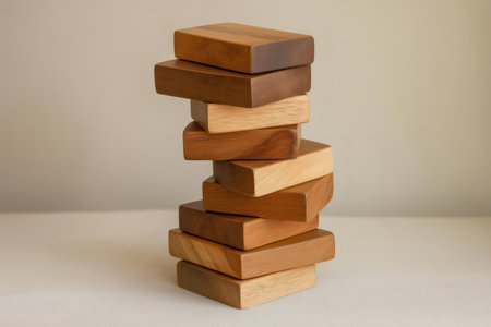 Wooden blocks carefully stacked, creating a wobbly tower, symbolizing risk, balance, and fragilityの素材