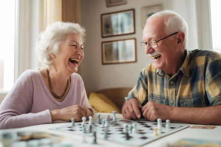 Elderly couple enjoying retirement, laughing and playing chess together at home, cherishing moments of joy and togetherness in their leisure timeの素材