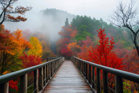 Wooden bridge leading into a misty forest with colorful autumn foliage creating a magical and serene atmosphereの素材