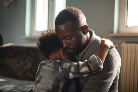 Social worker offering comfort and support to a young child facing emotional distress, fostering resilience and hope during a challenging timeの素材