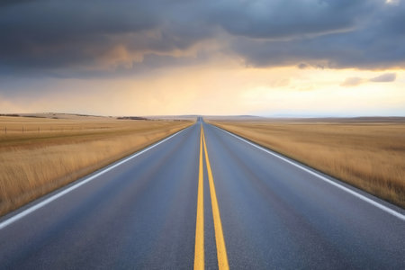 Empty highway stretching across a vast prairie at sunset, illuminated by a dramatic sky filled with clouds, creating a breathtaking landscapeの素材
