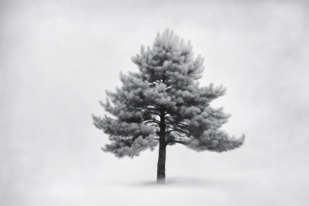 Black and white image of a lonely pine tree covered with fresh snow standing against a misty winter backgroundの素材