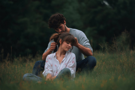 Romantic couple sharing a peaceful moment in nature, with him gently tying her hair as they enjoy each other's company in a serene meadowの素材