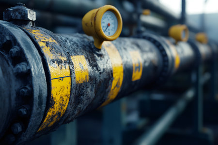 Industrial pipeline transporting gas, featuring pressure gauge and yellow safety markings, highlighting the importance of safety and maintenance in the energy sectorの素材