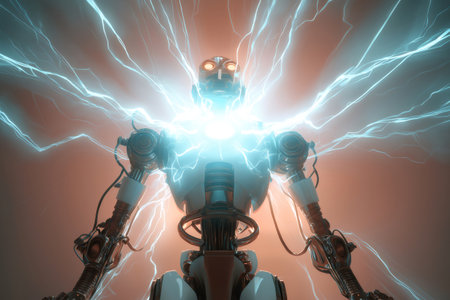 Electric currents flowing through a robot, energizing and powering a futuristic scene filled with vibrant light and advanced technologyの素材