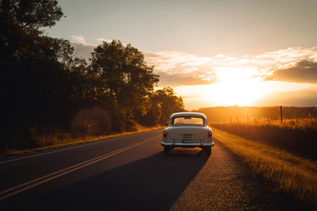 Classic car driving down a scenic country road towards a beautiful golden sunset, evoking a sense of freedom and adventureの素材