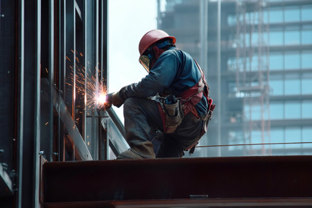 Construction worker wearing safety gear, welding a steel beam at a bustling construction site, contributing to skyscraper developmentの素材